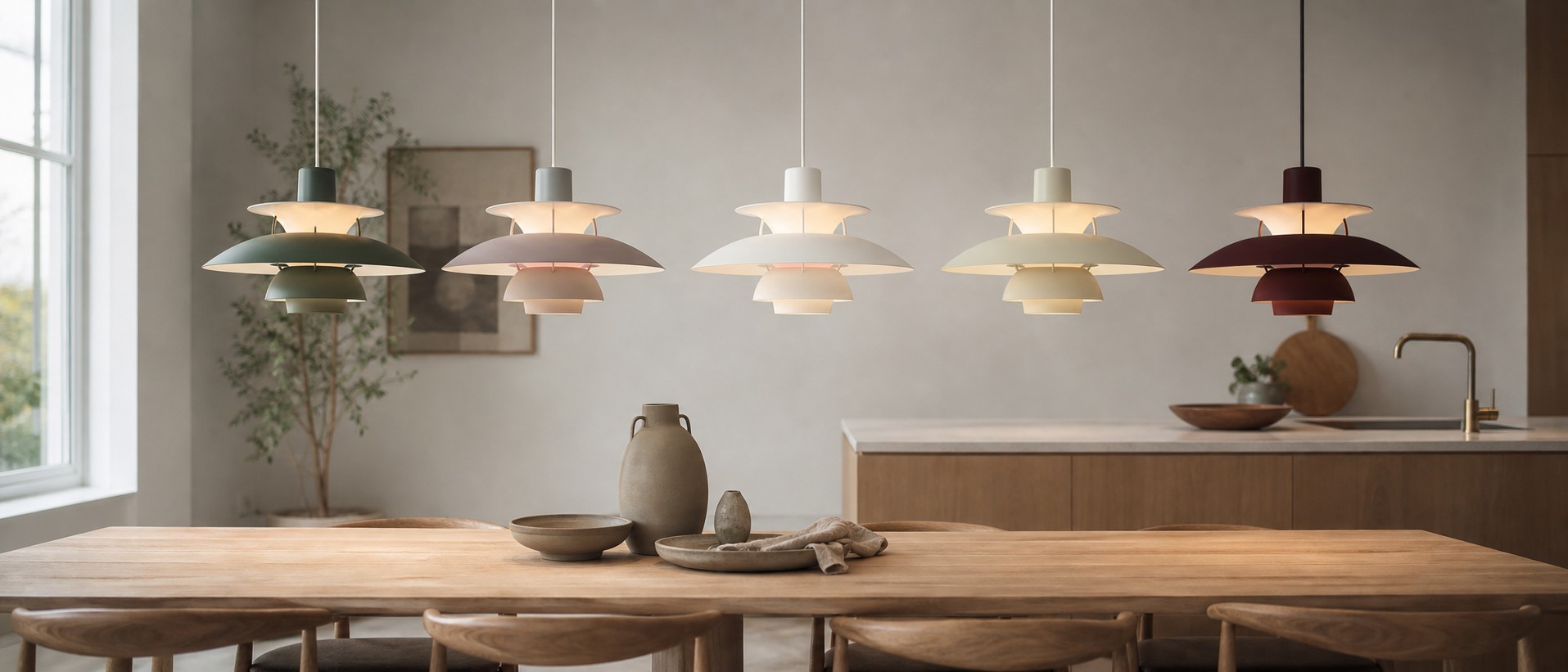 Morandi Deense hanglampen boven een eettafel