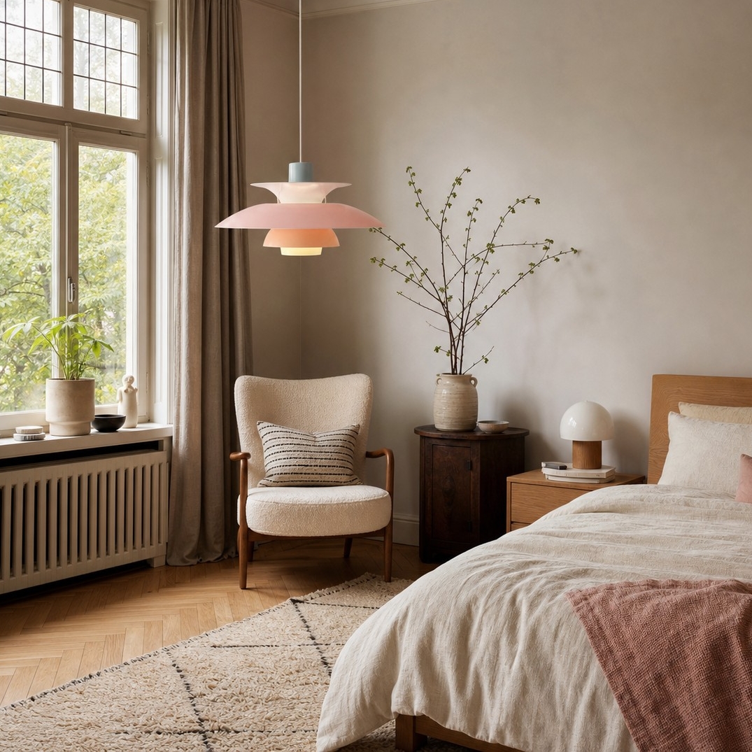 Roze hanglamp in de slaapkamer