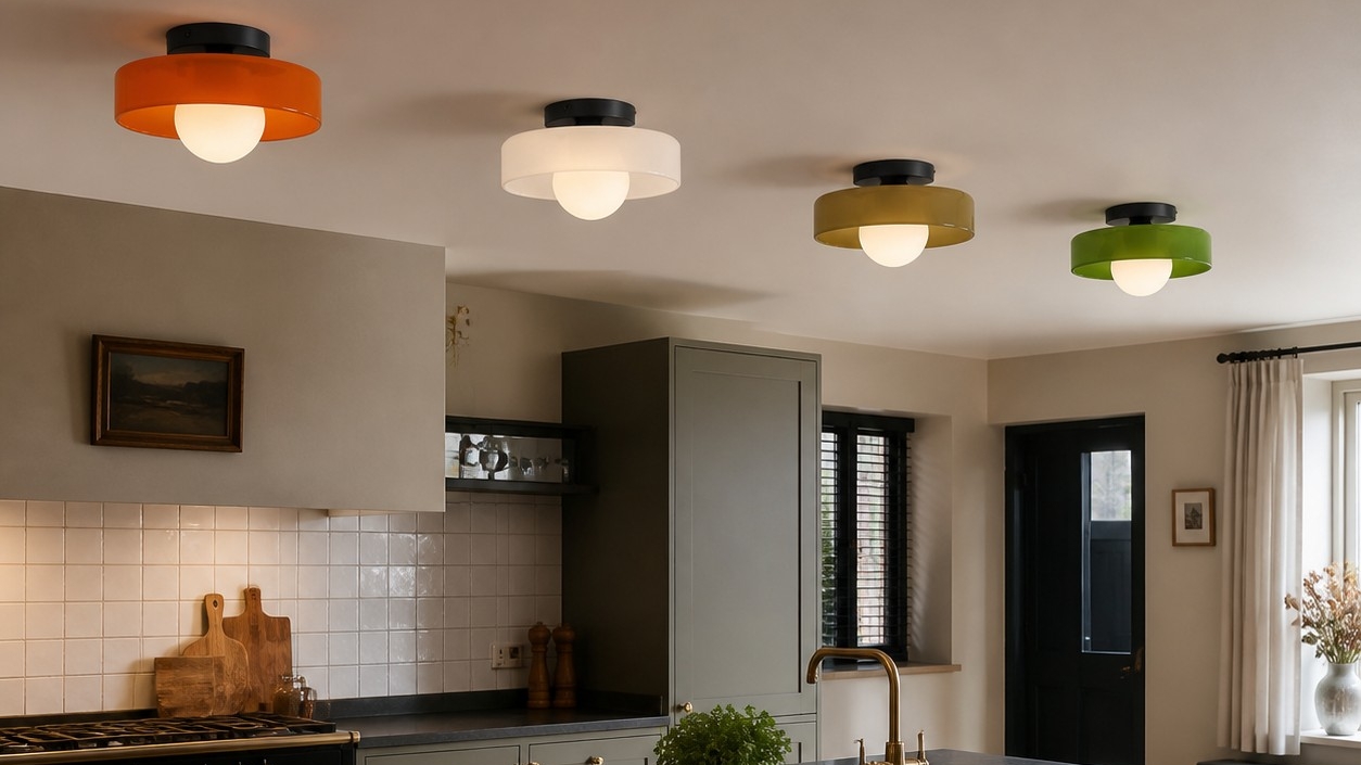 Morandic disc orb lamps above a sofa