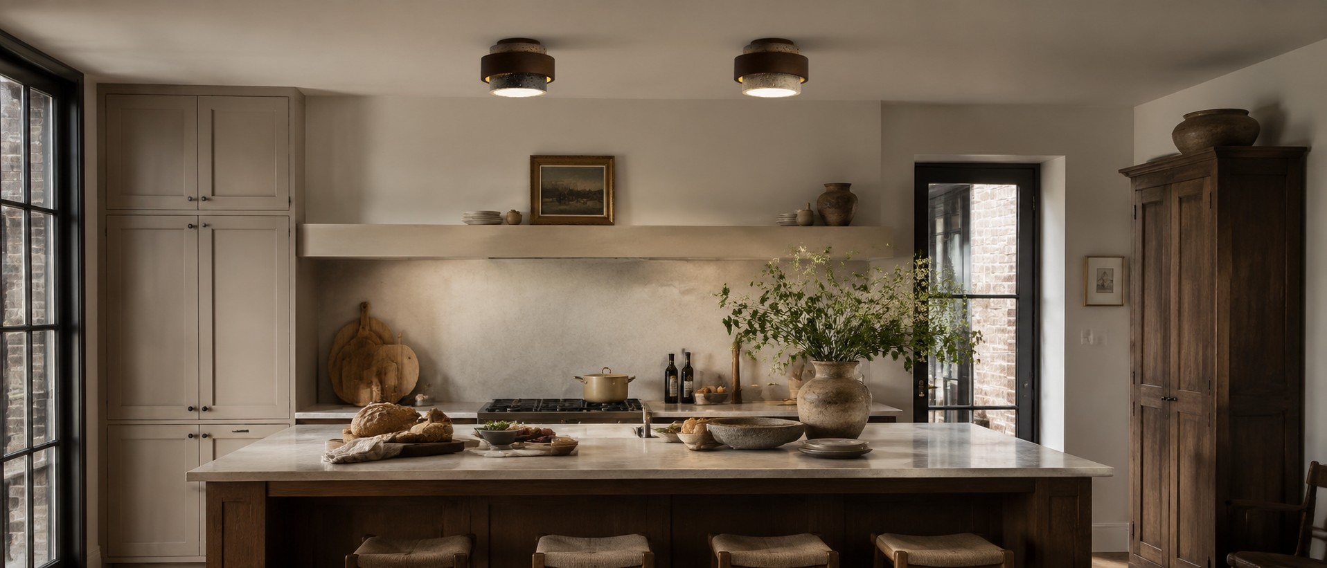 Handgemaakte travertijn plafondlamp in een woonkamer