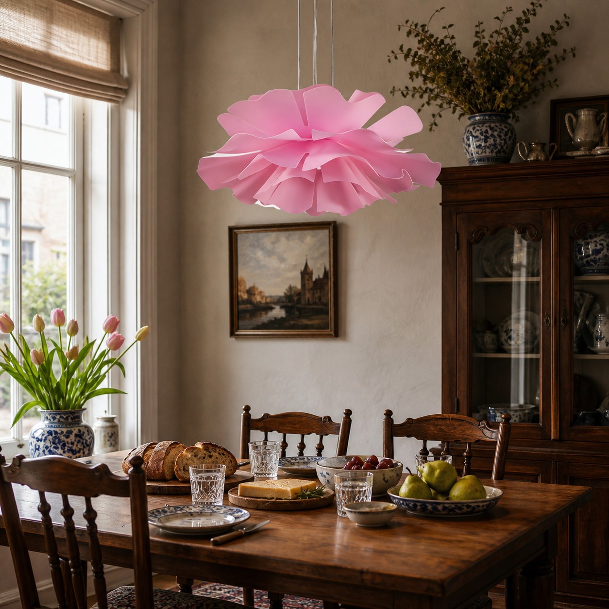 Roze lotus hanglamp in eetkamer