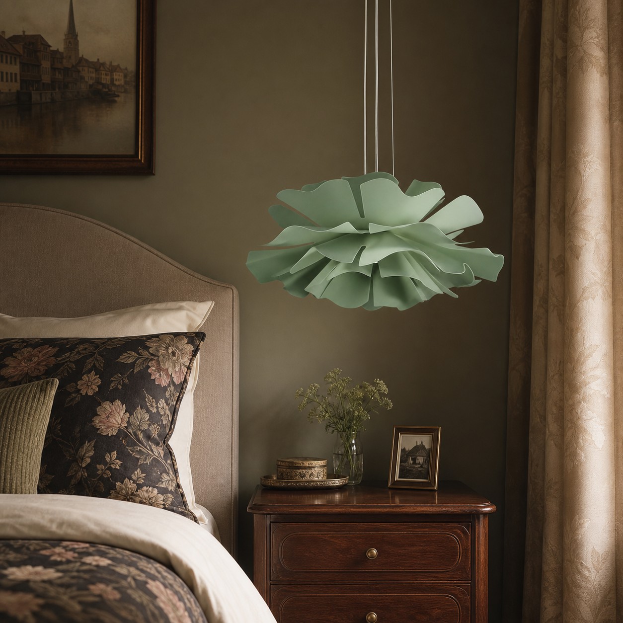 Groene lotus hanglamp boven nachtkastje