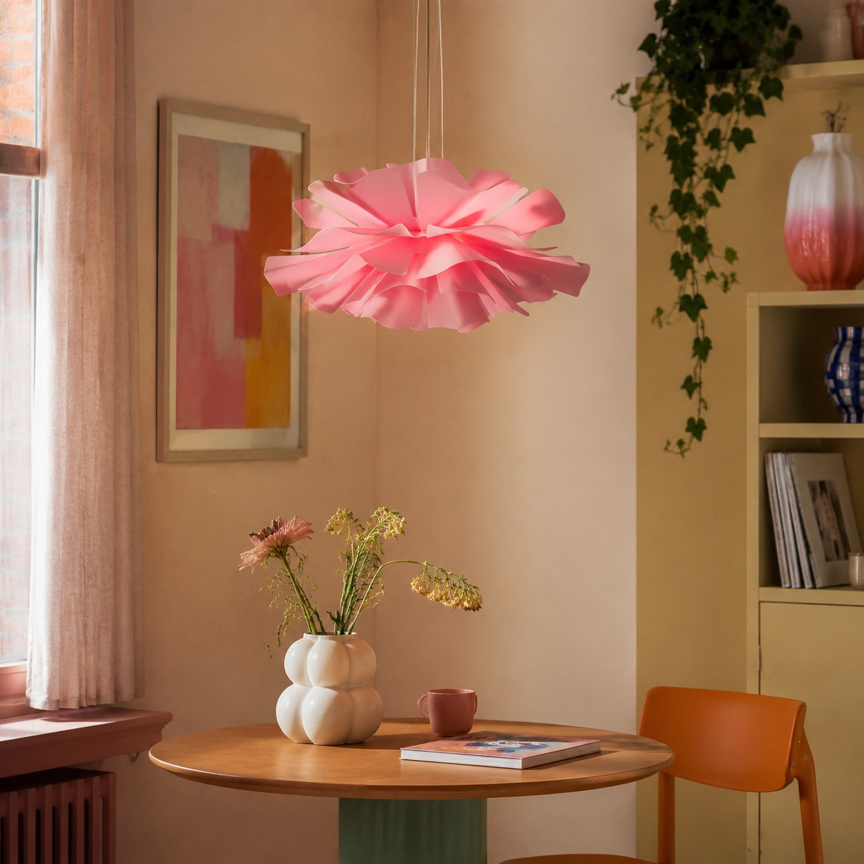 Roze lotus hanglamp bij kleine tafel