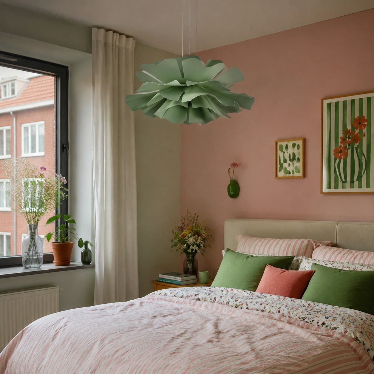 Groene lotus hanglamp in slaapkamer