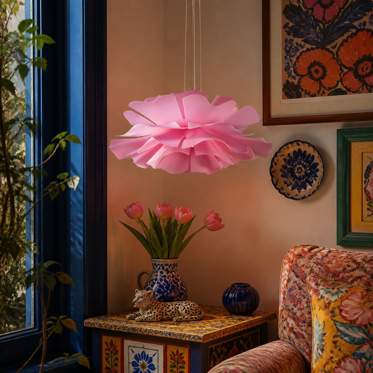 Roze lotus hanglamp in warme kamer