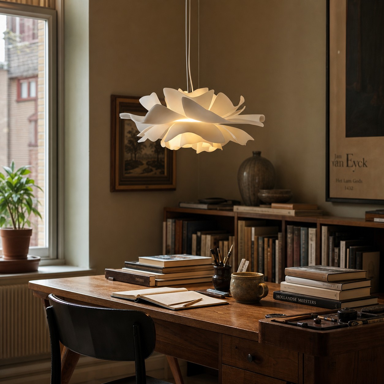 Witte lotus hanglamp boven bureau