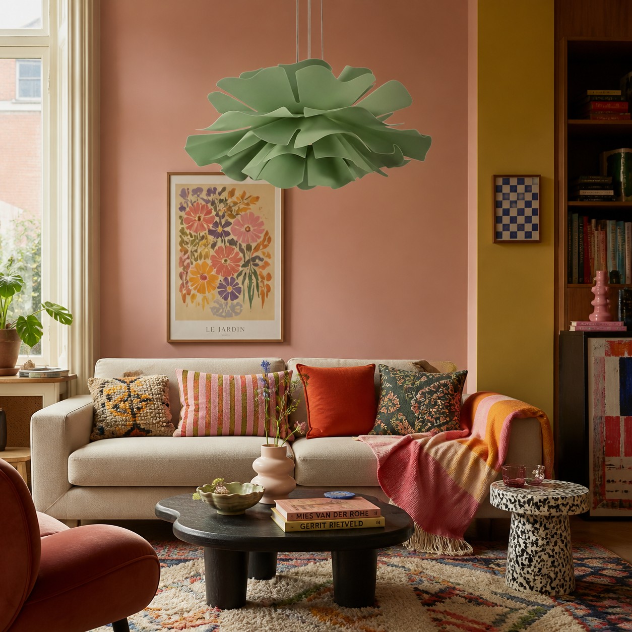 Groene lotus hanglamp in woonkamer