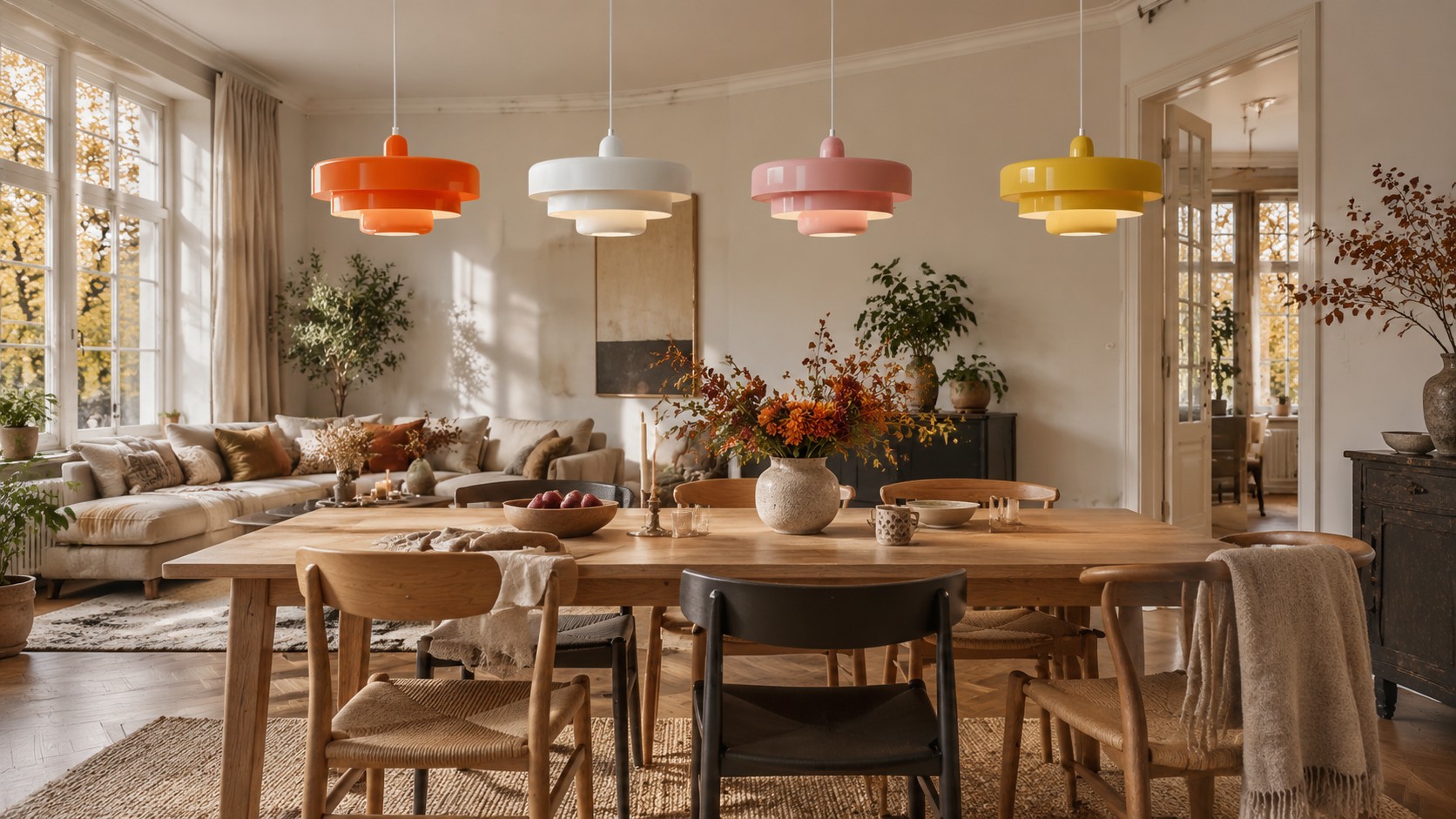 Hanglamp met drie lagen in verschillende kleuren boven de eettafel
