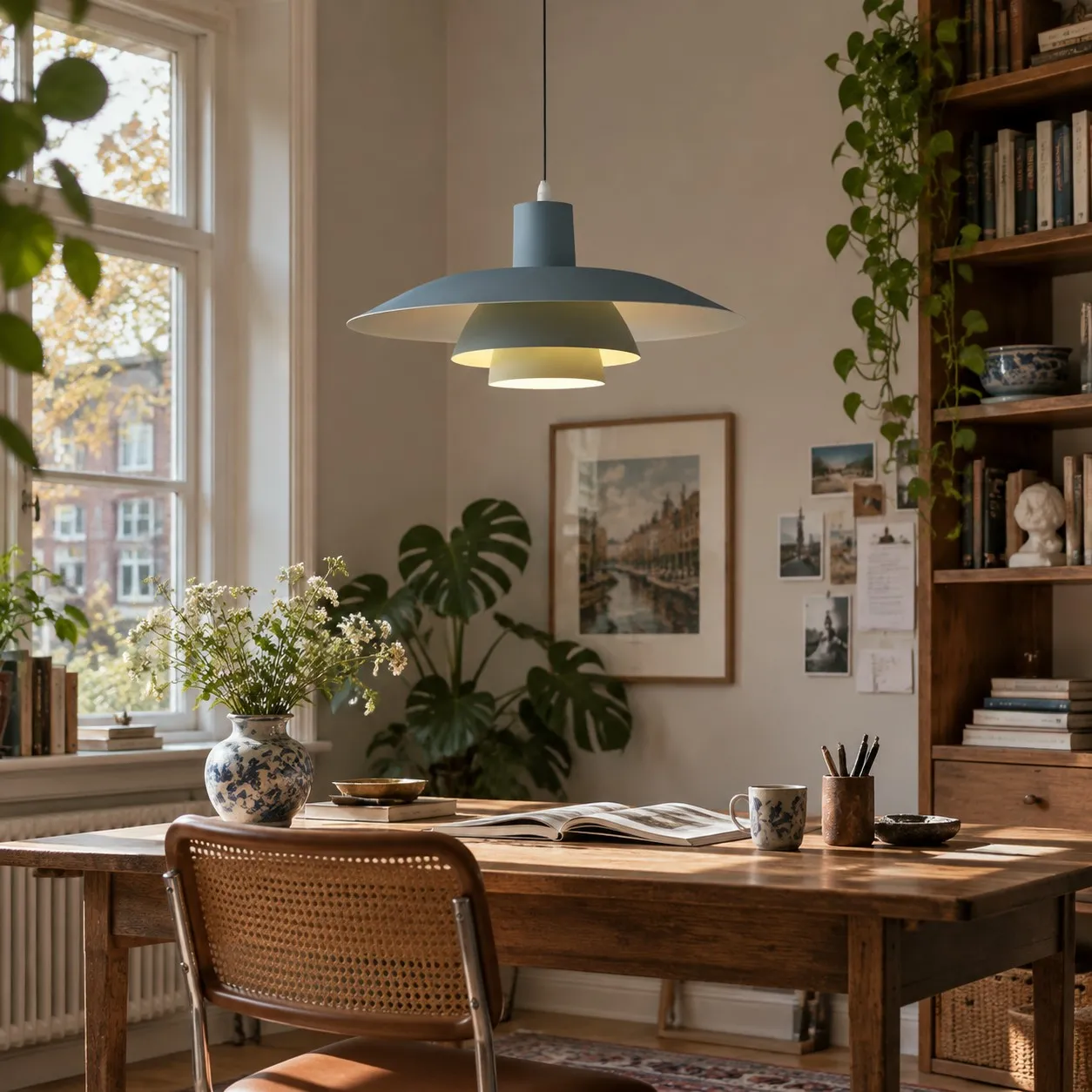 Blaue Pendelleuchte im Homeoffice
