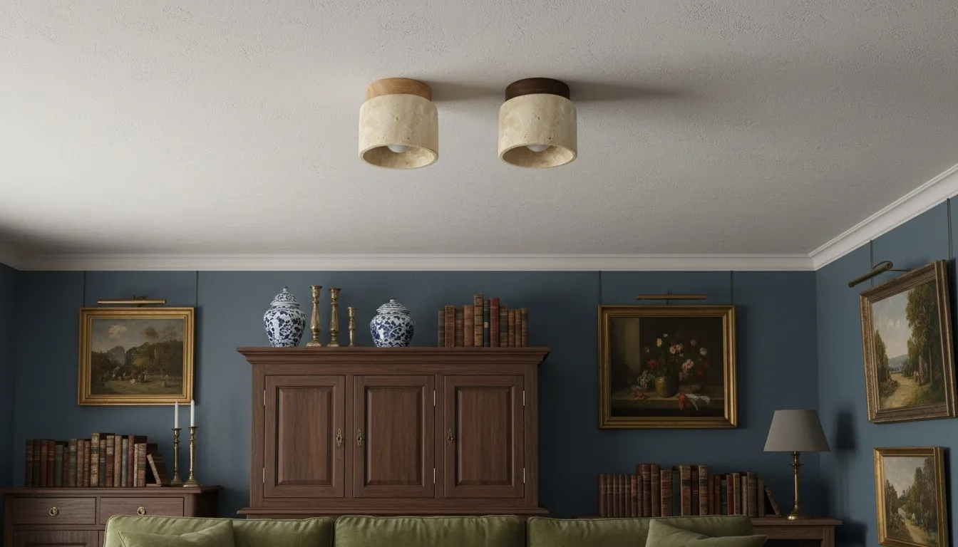 Travertijn plafondlamp in een woonkamer