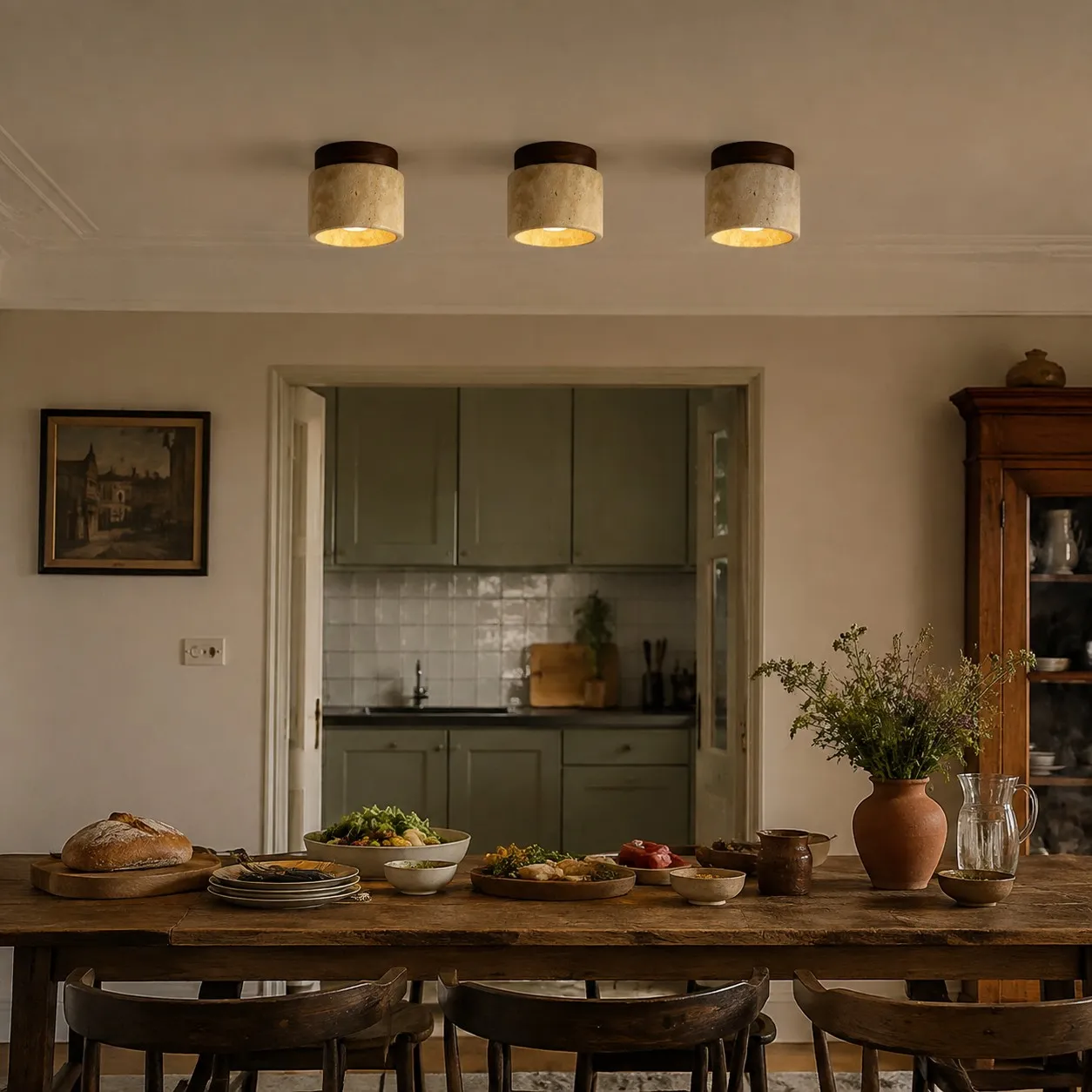 Travertijn plafondlamp boven een eettafel