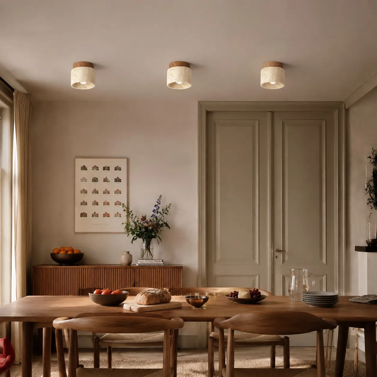 Travertijn plafondlamp boven een tafel