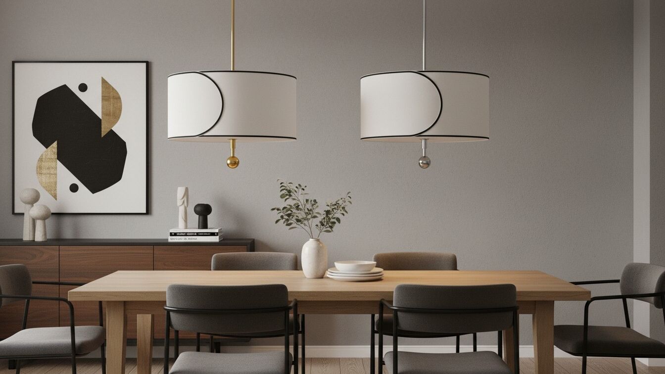 Twee afwerkingen van de Roven Drum hanglamp boven een eettafel