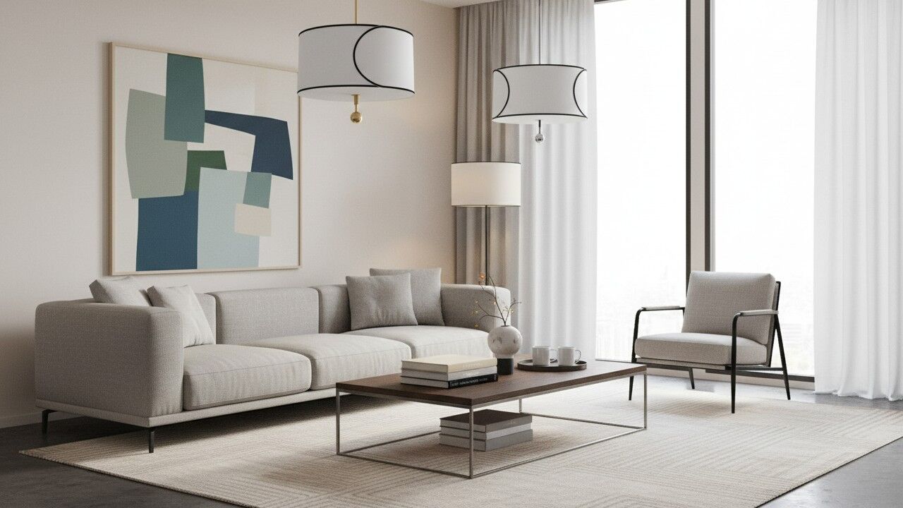 Roven Drum hanglamp met stoffen kappen en metalen frame in een moderne woonkamer