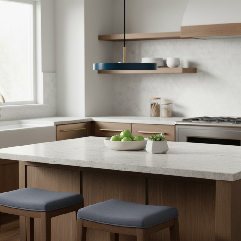 Blauwe hanglamp in keuken