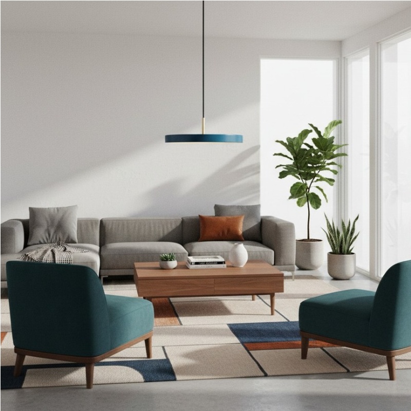 Blauwe hanglamp in zithoek