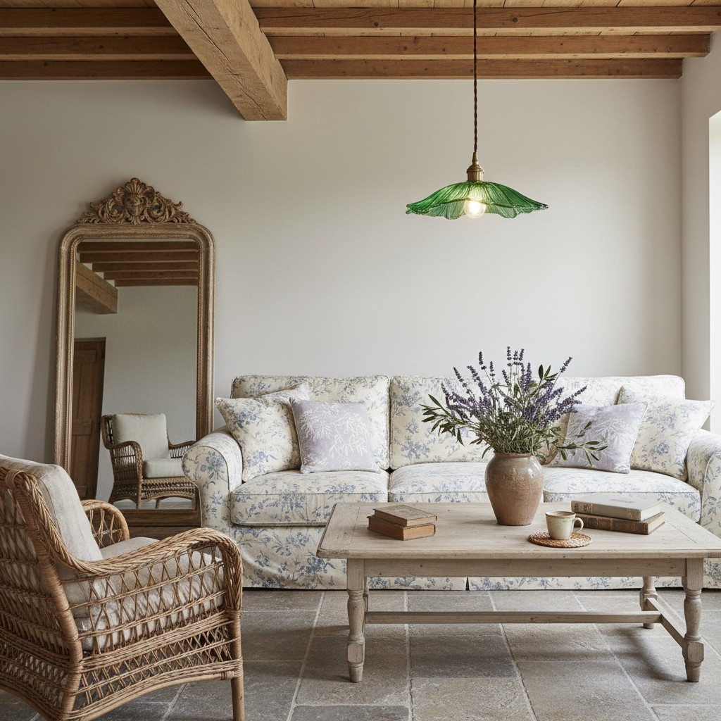 Groene Lotus glazen hanglamp boven salontafel