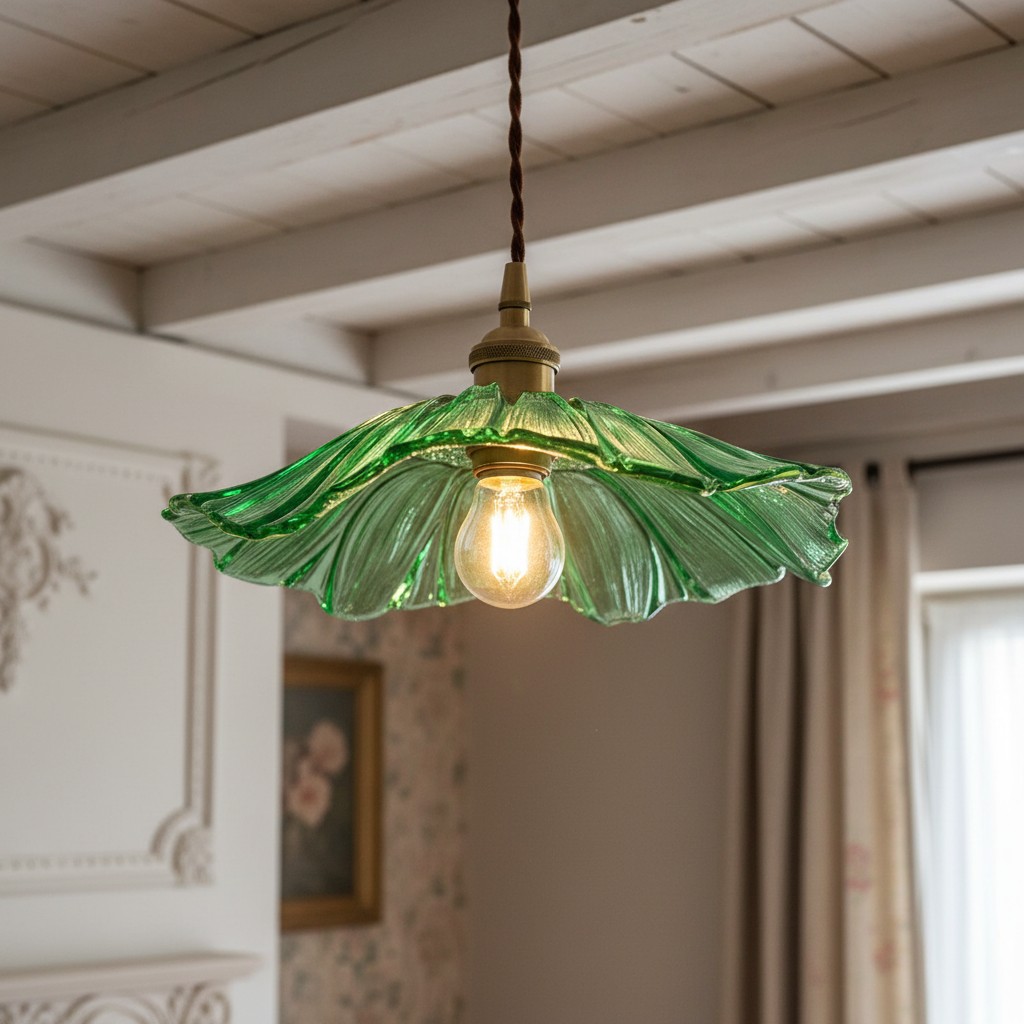 Groene Lotus glazen hanglamp in een woonruimte