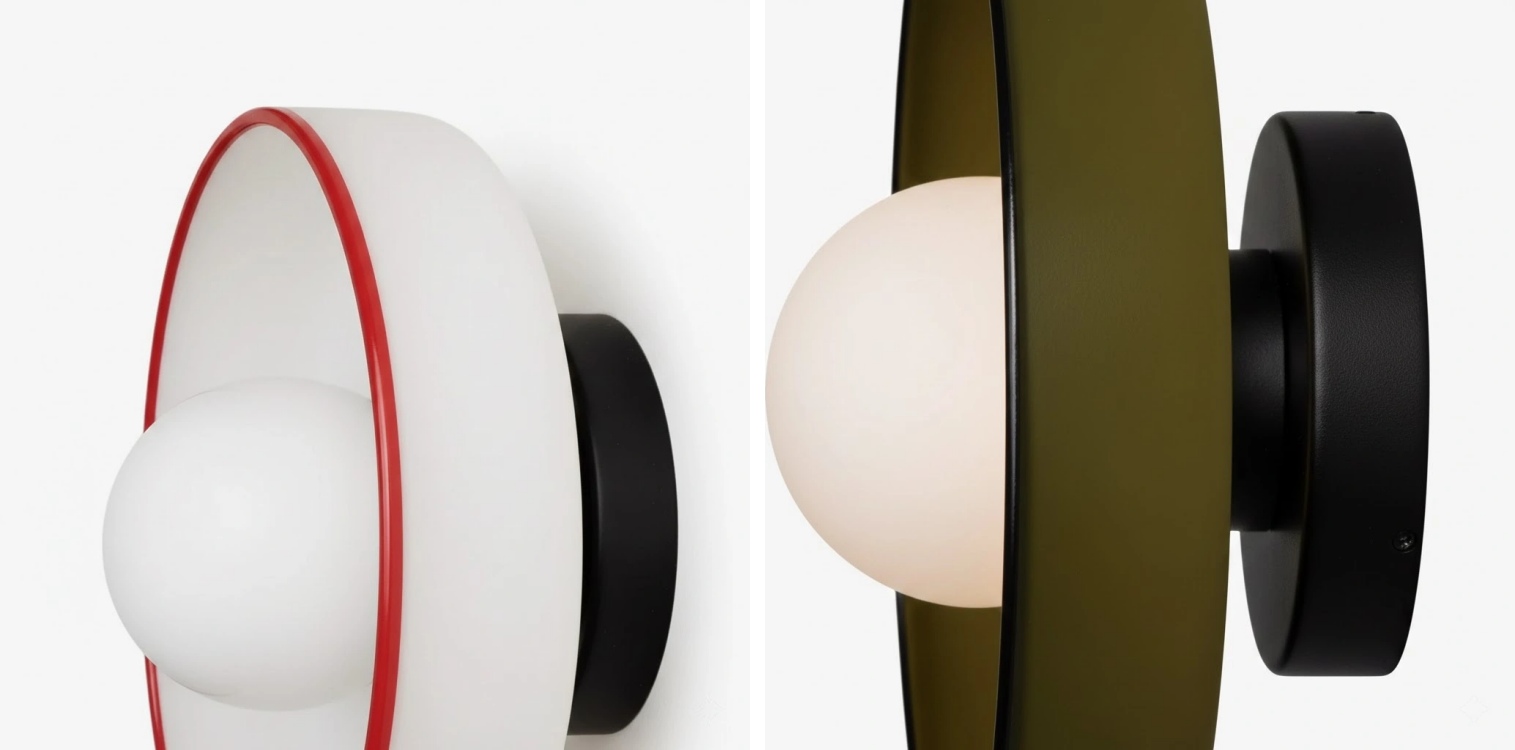 Close-up detail of the Kalo blown glass disc and metal base