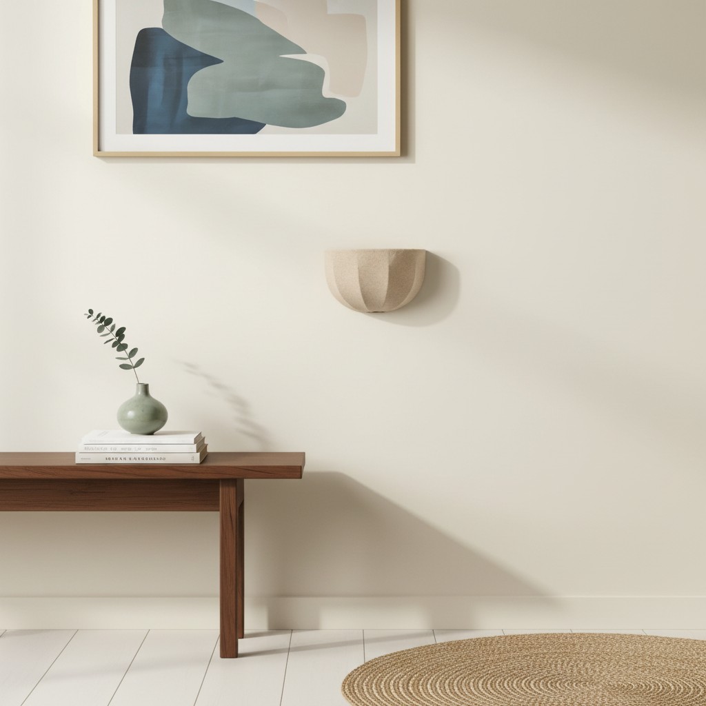 Loomis wandlamp boven een console in een lichte kamer