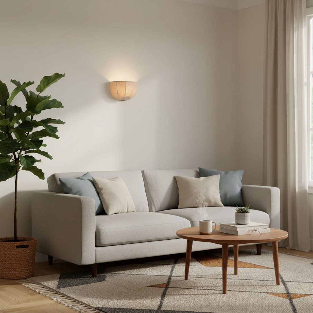 Loomis wandlamp in een woonkamer met bank