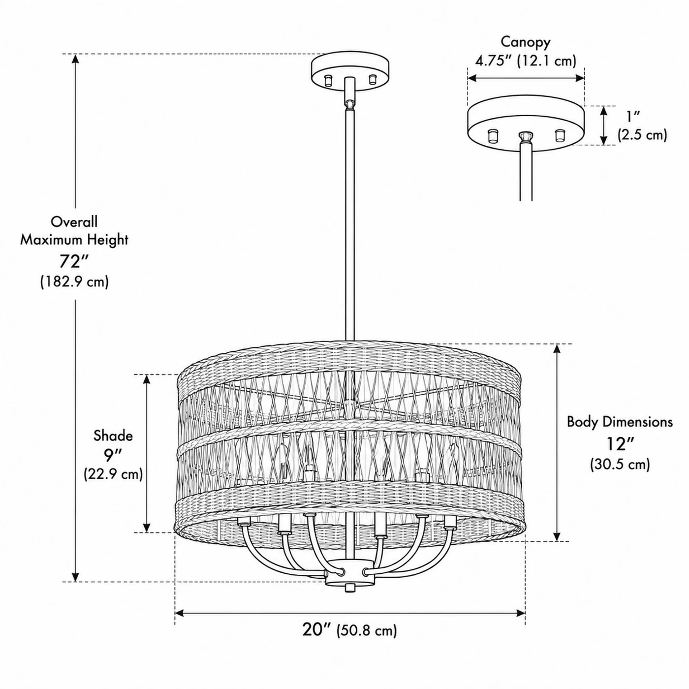 Maßdiagramm für einen Rattan-Kronleuchter