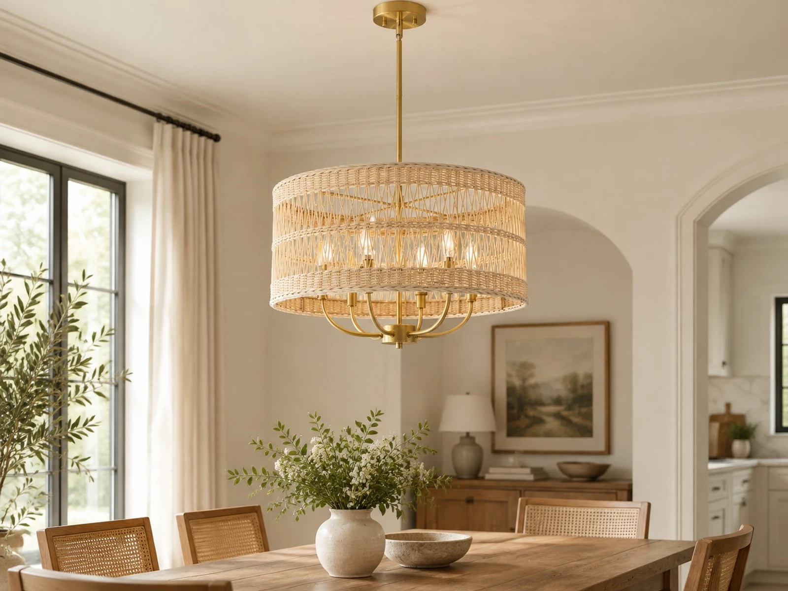 Rattan-Kronleuchter in einem hellen Esszimmer