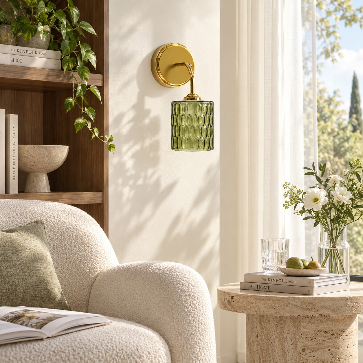 Green hammered-glass sconce by a chair, lights off