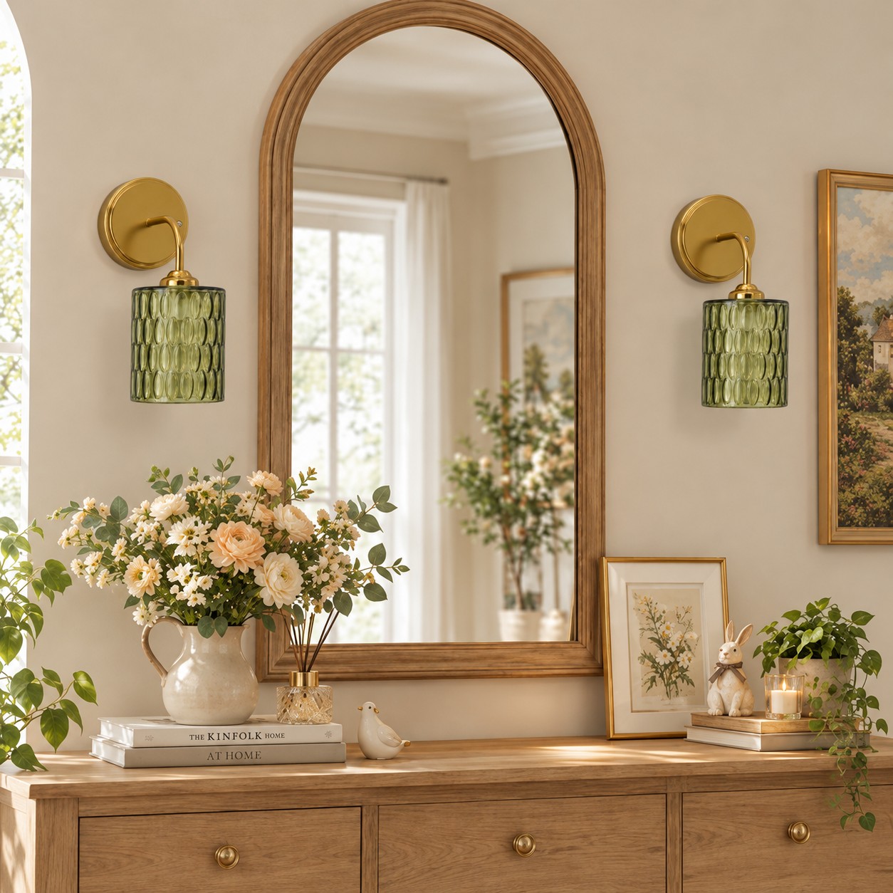 Green hammered-glass sconces on a wood console, lights off