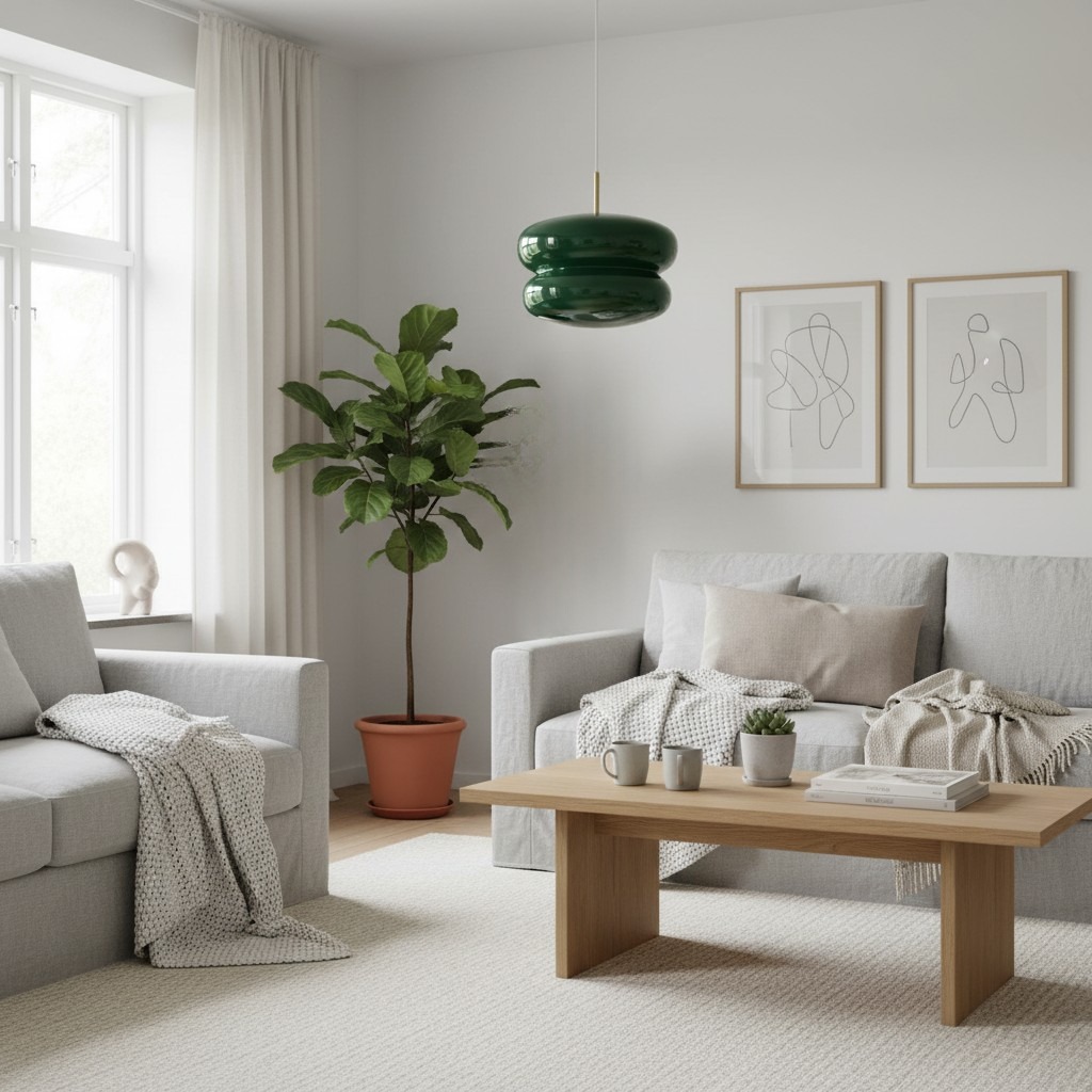 Groene opaal glazen hanglamp in woonkamer