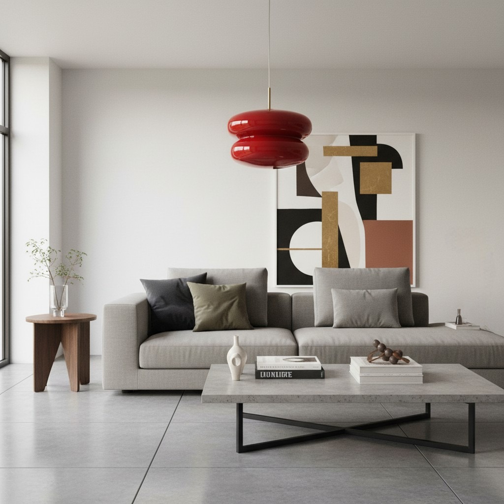 Rode opaal glazen hanglamp in moderne woonkamer