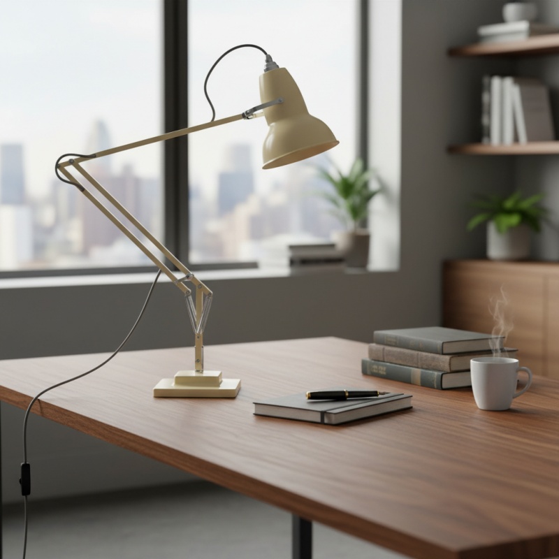 Vintage bureaulamp op een bureau bij het raam