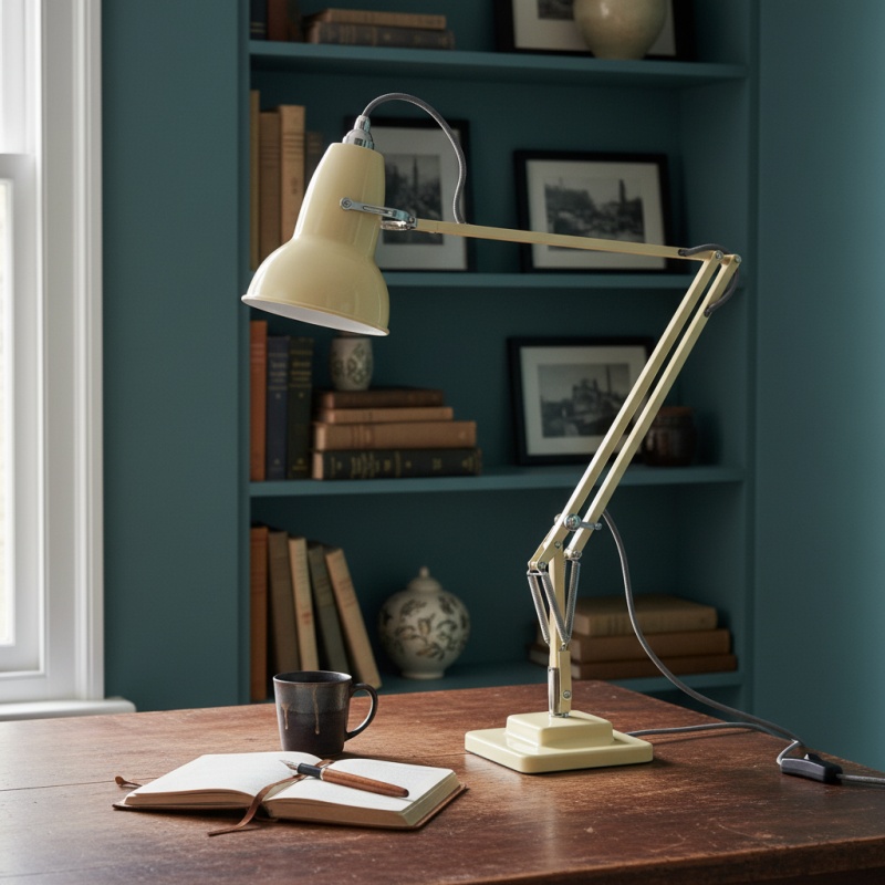 Crèmekleurige bureaulamp op een schrijftafel