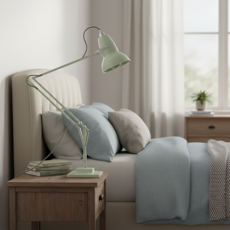 Bureaulamp naast een bed