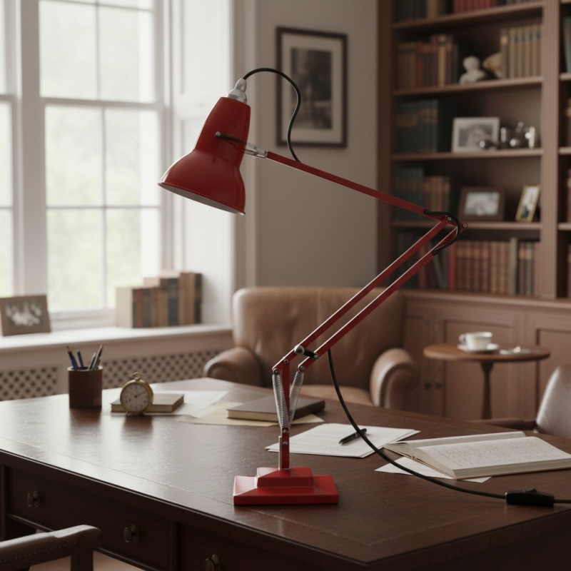Rode vintage bureaulamp op een bureau
