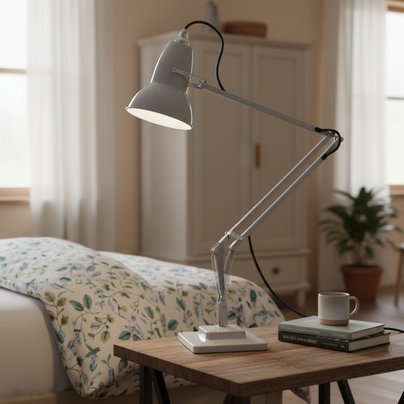 Grijze bureaulamp naast een bed
