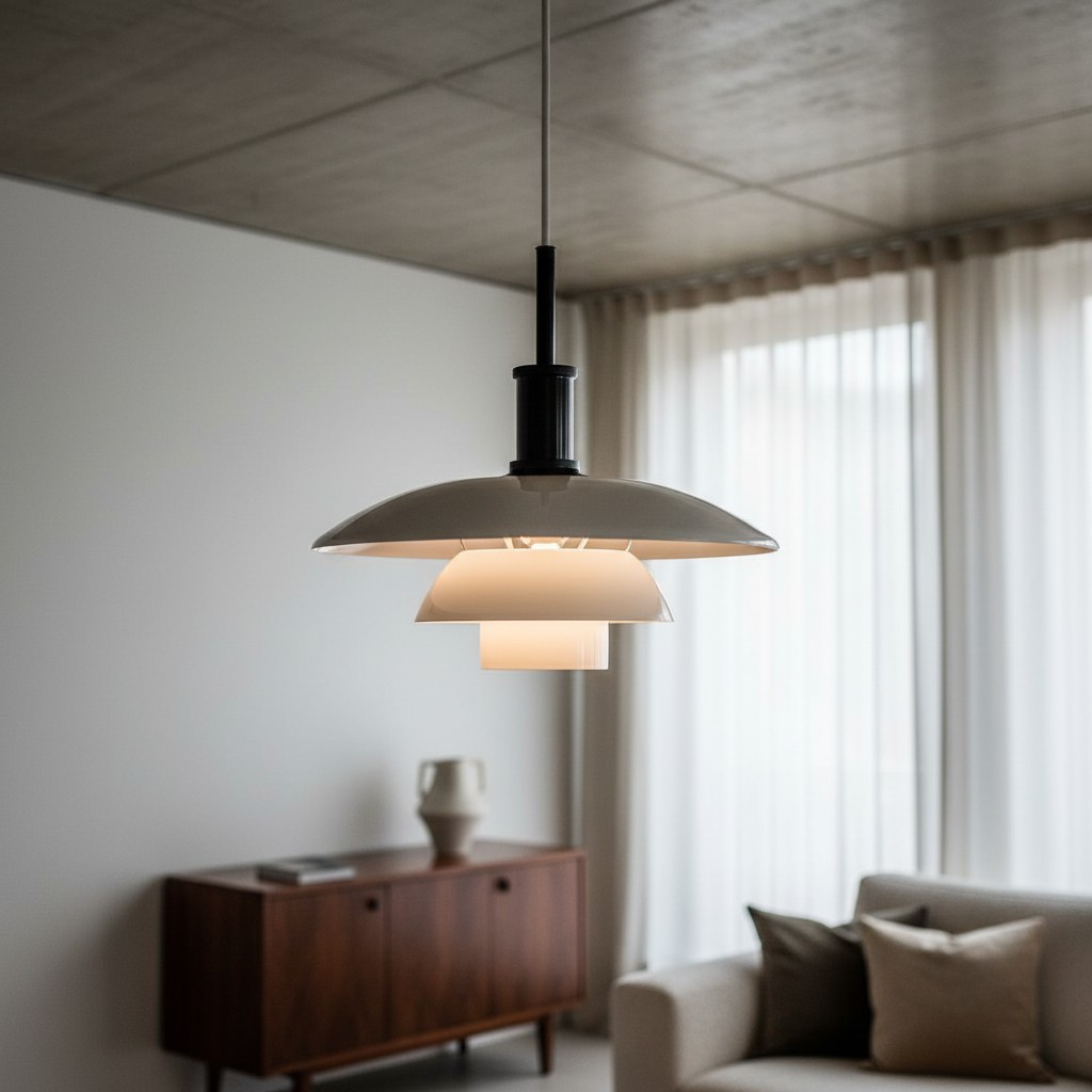 Hanglamp met meerdere lagen boven een zithoek