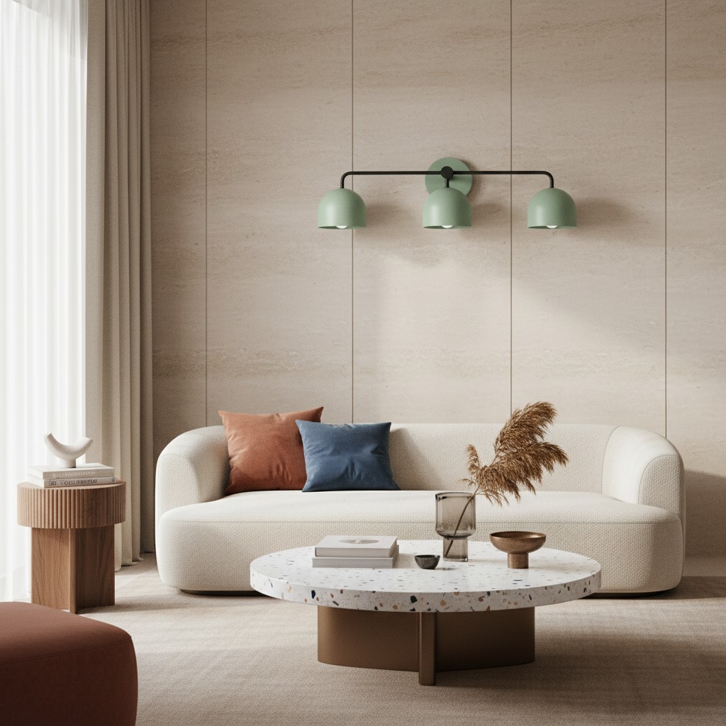 Groene wandlamp boven bank in rustige woonkamer