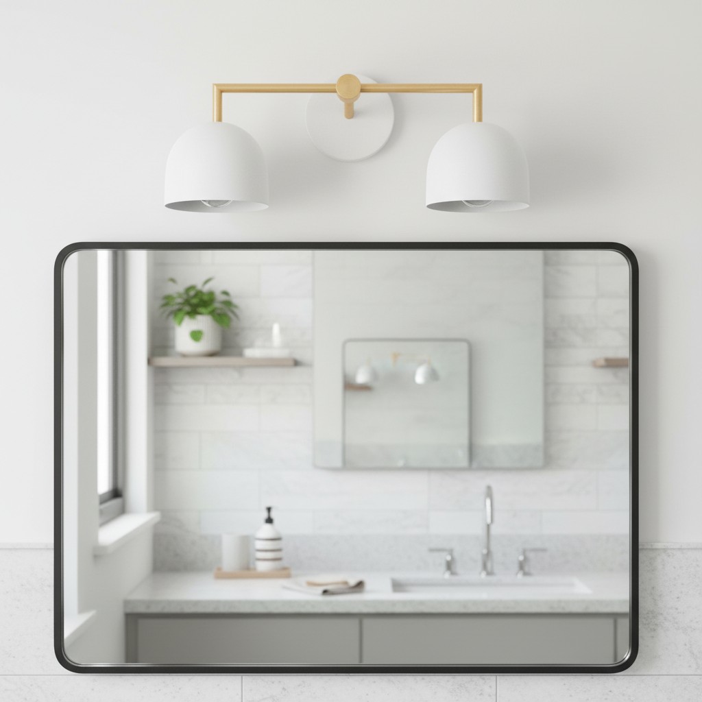 Wastafelwandlamp boven spiegel met witte kappen