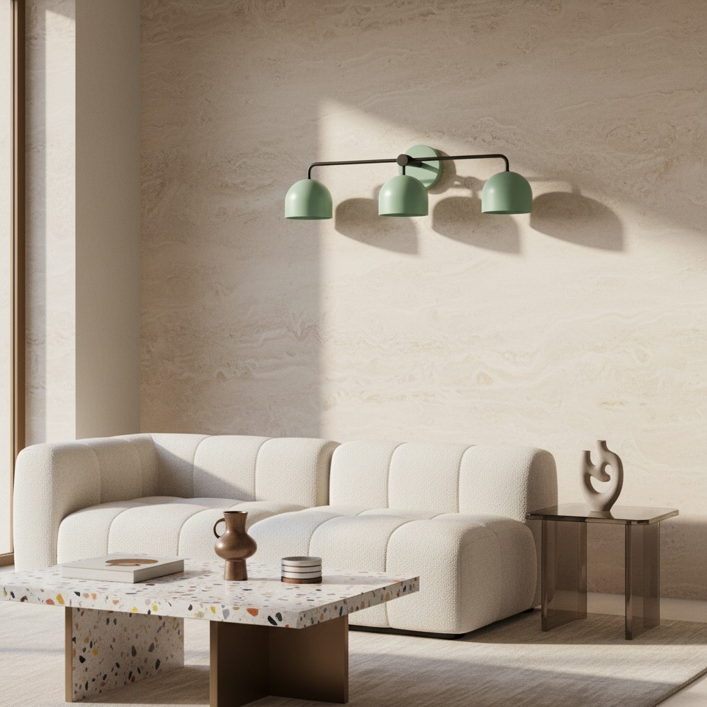 Industriële wastafelwandlamp in woonkamer met groene kappen