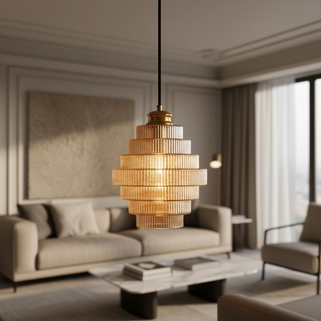 Suspension en verre rayé ambre au-dessus d’une table basse