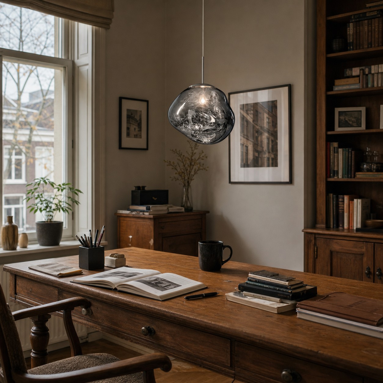 Reflecterende hanglamp in een werkkamer