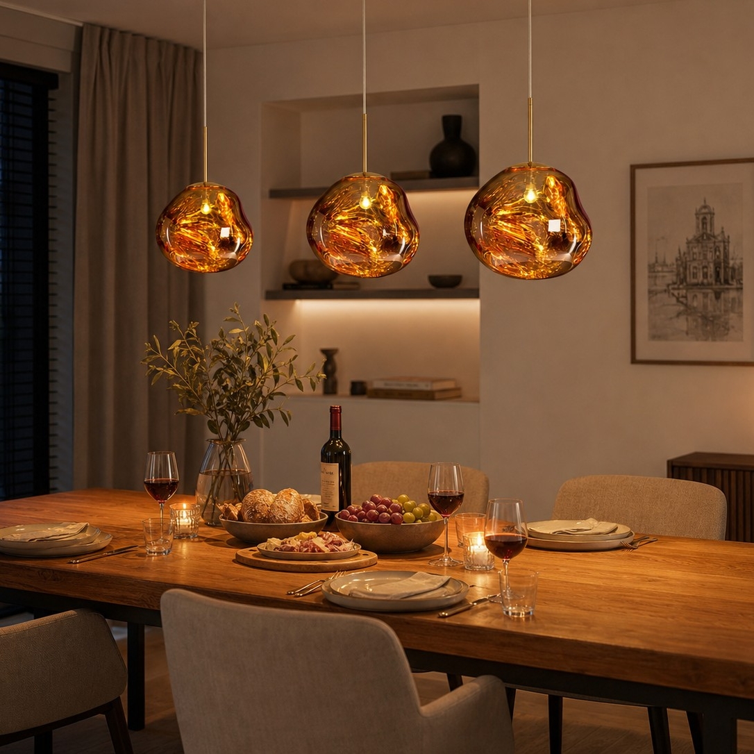 Drie hanglampen boven een gedekte eettafel