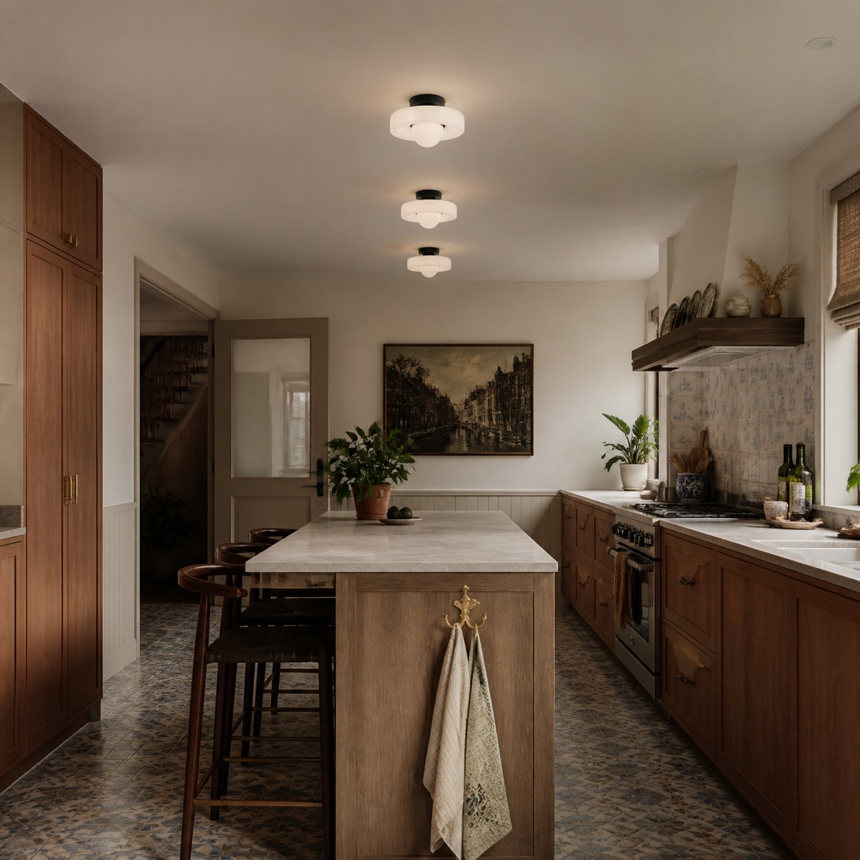 Green disc orb lamps in a kitchen