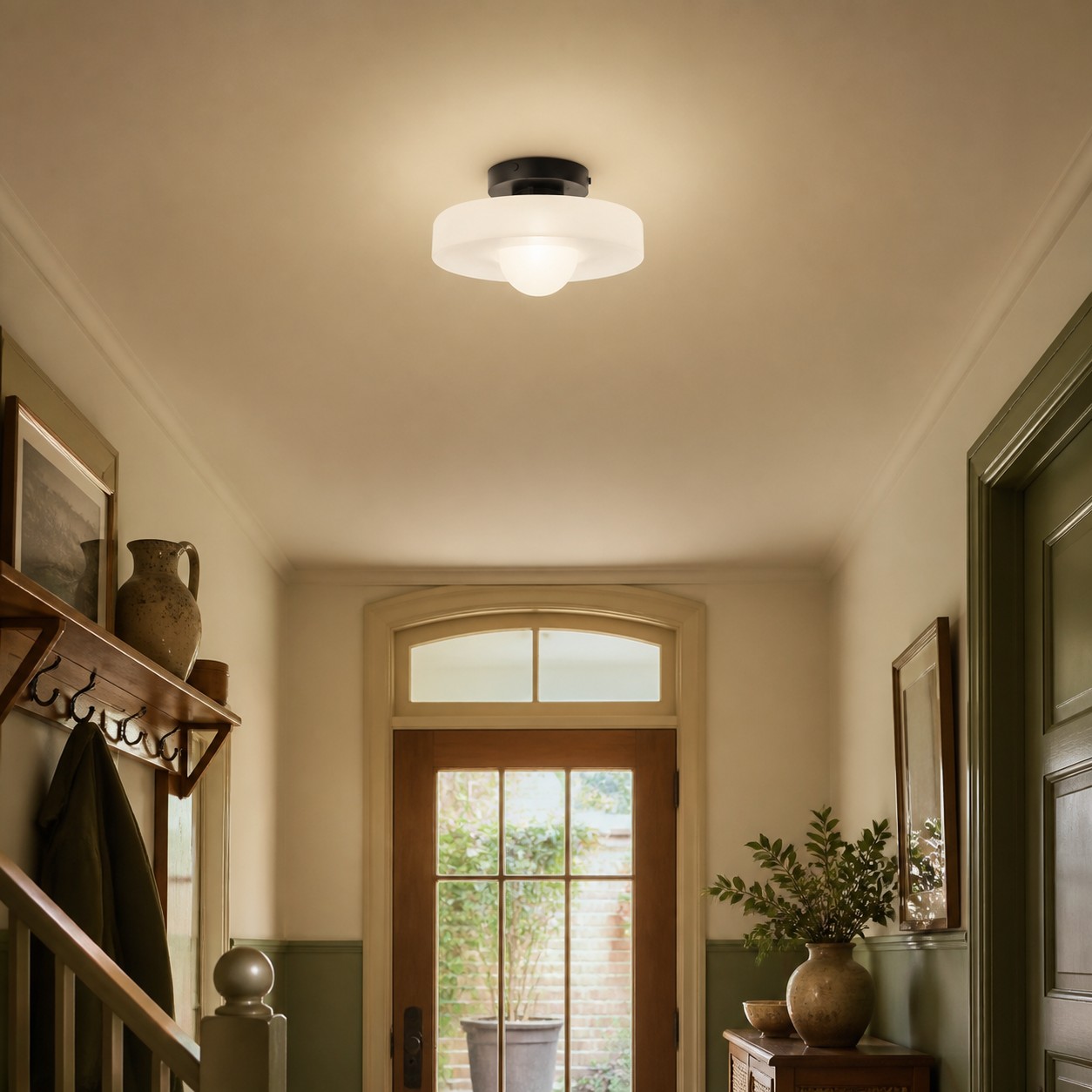 White disc orb lamp in a hallway