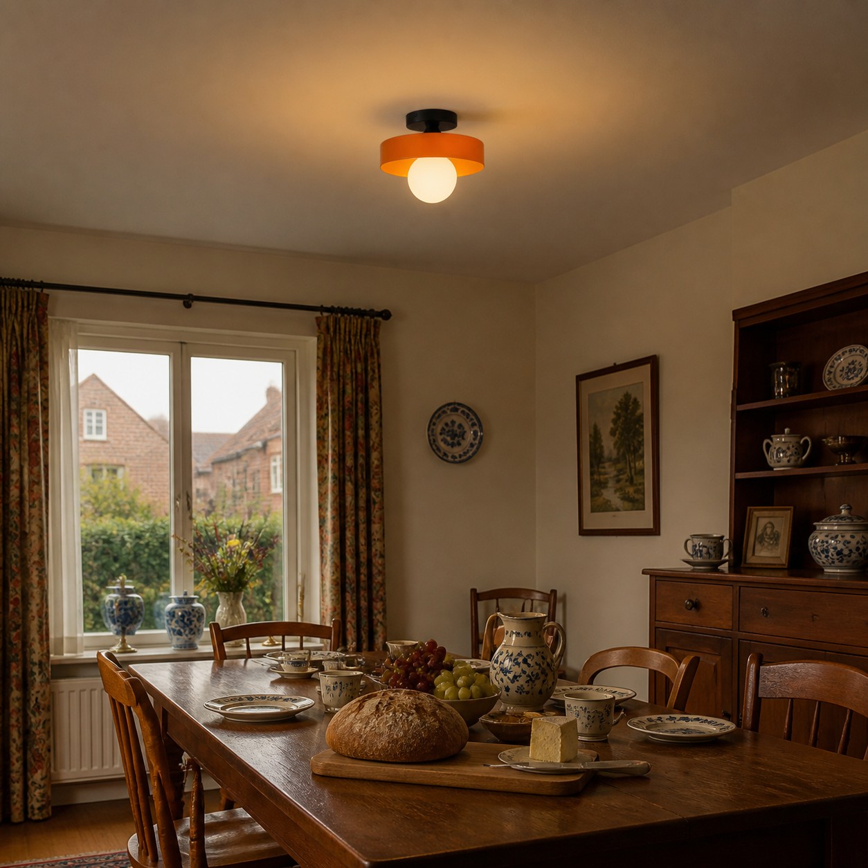 Green disc orb lamp over a dining table