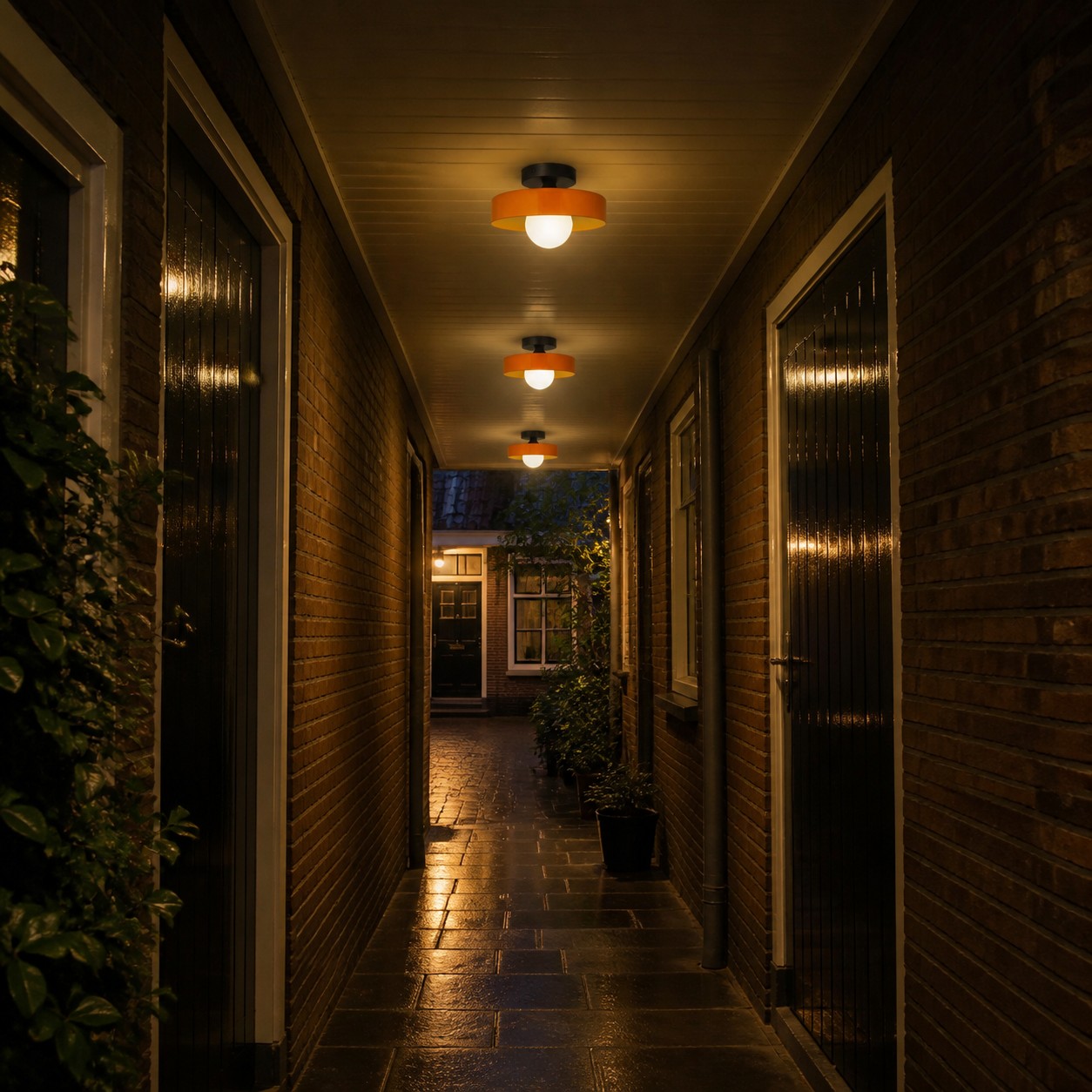 Green disc orb lamp in a hallway