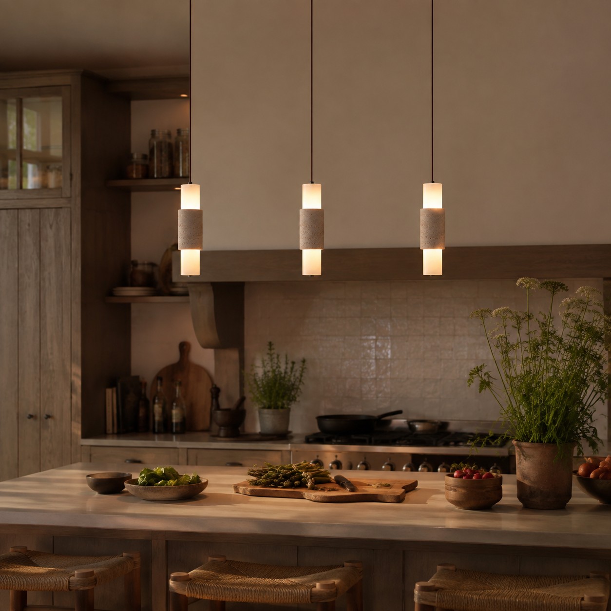 Three yellow travertine cylinder pendants over a kitchen island