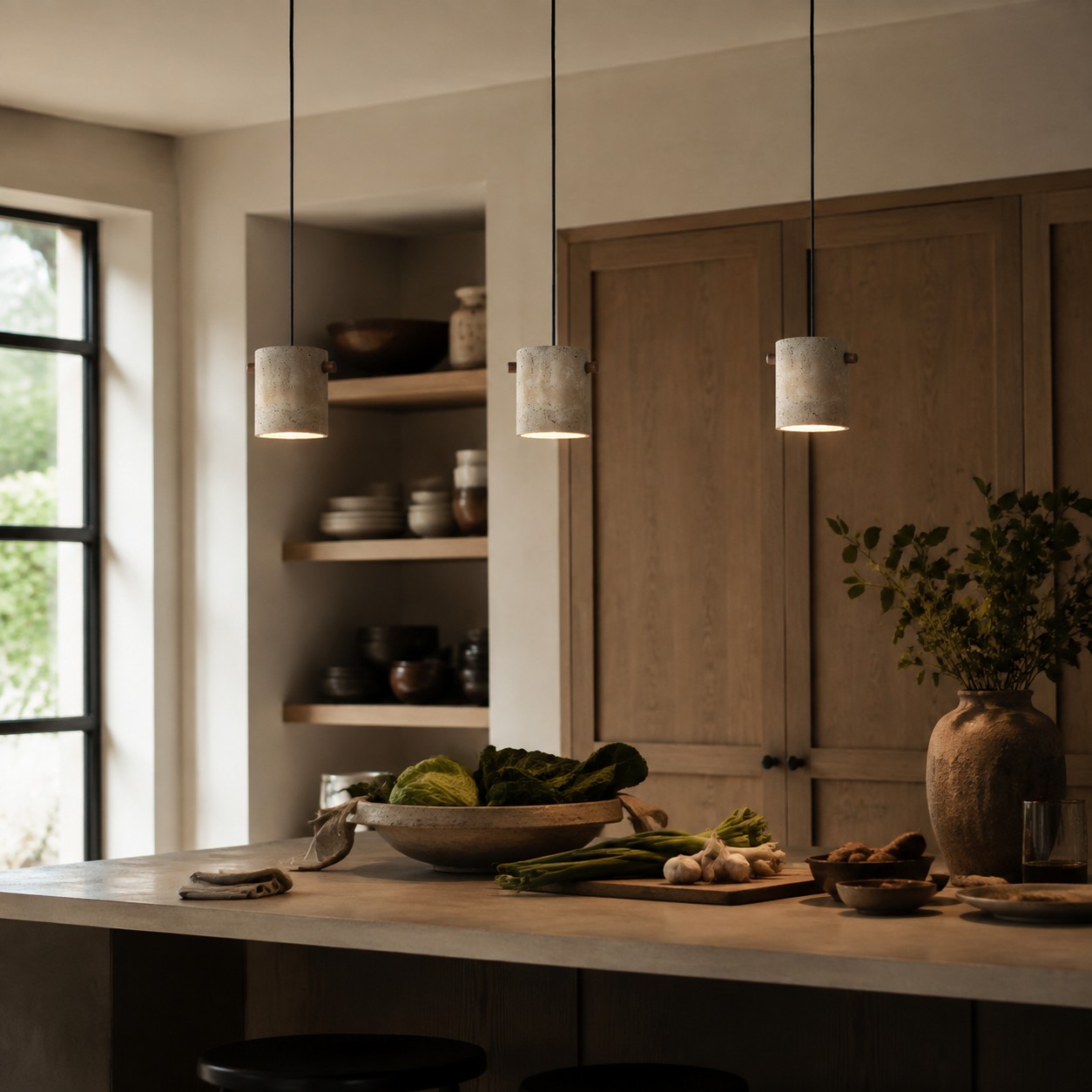 Three travertine pendants above a kitchen island