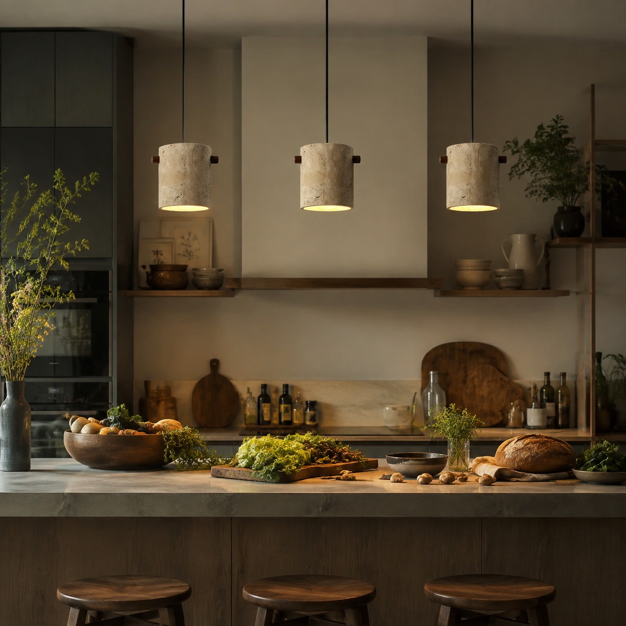 Three travertine pendant lights in a darker kitchen